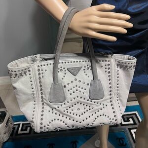 Prada Silver-Grey Studded Tote two way bag